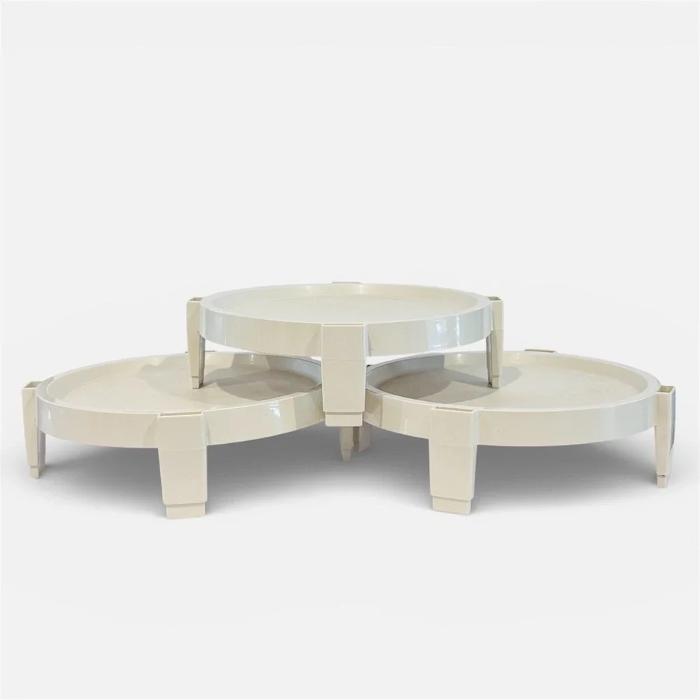 Vintage MCM Tupperware Divided‎ Party Tray w Lid & 3 Tier Stacking Stands Almond